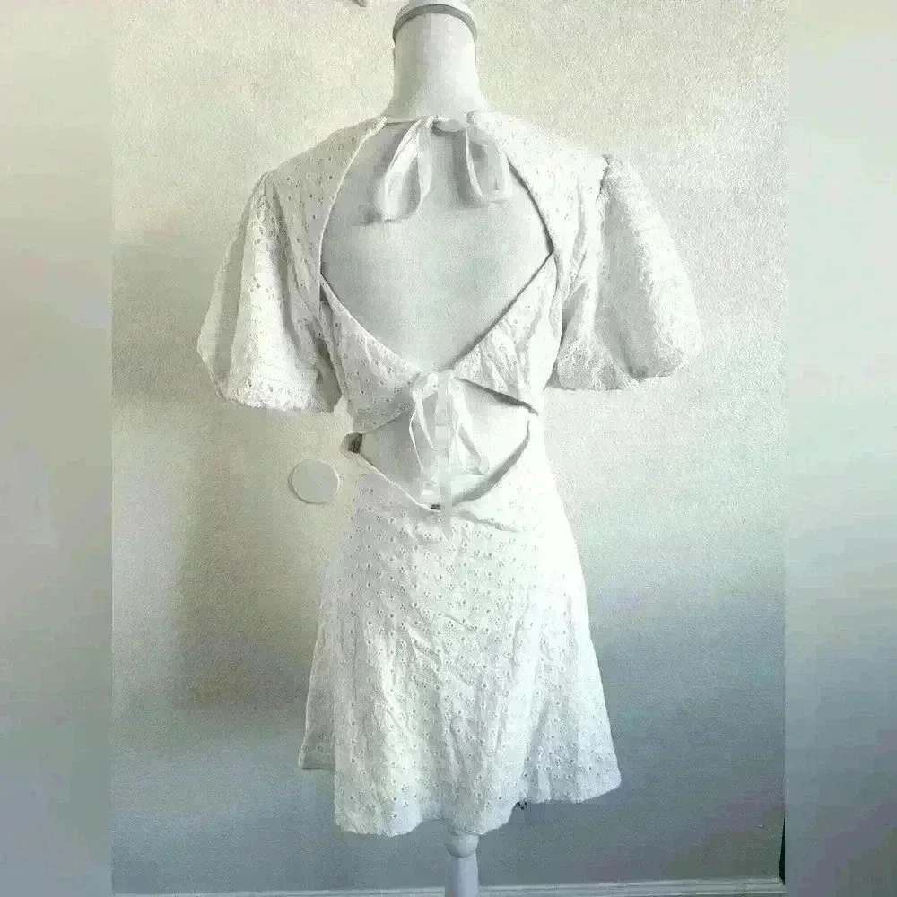 Free People Apricot Rose Eyelet Puff Sleeve Mini Dress Size Medium